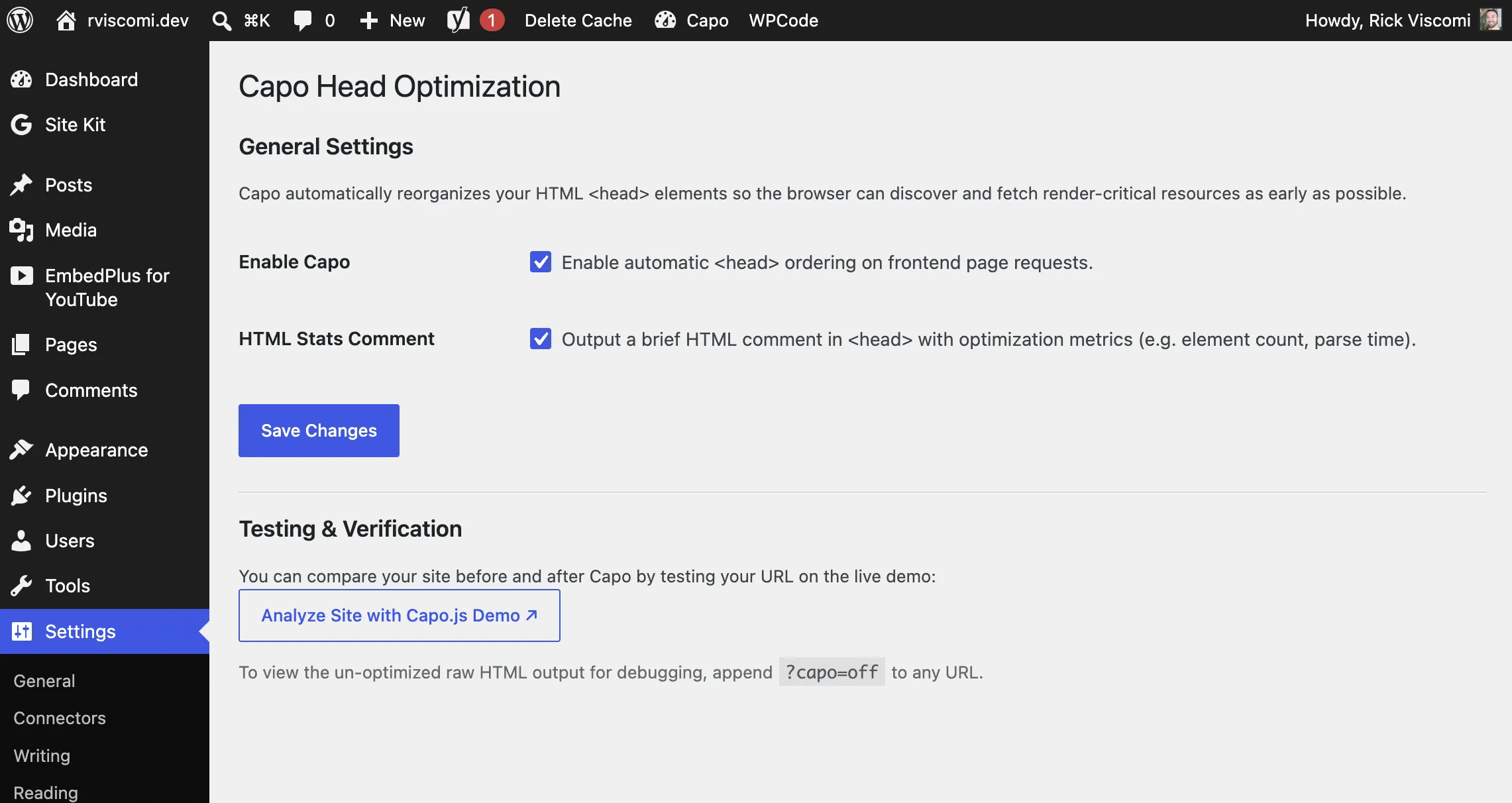 Capo Head Optimization settings page in WordPress admin