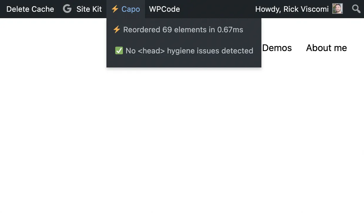 Capo live diagnostics in WordPress Admin Toolbar