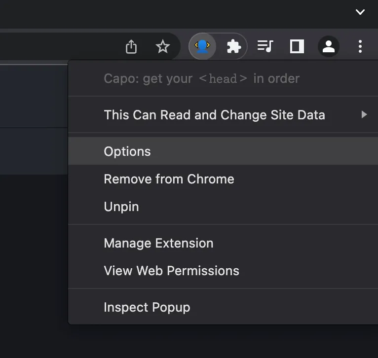 The context menu shown after right clicking the extension icon