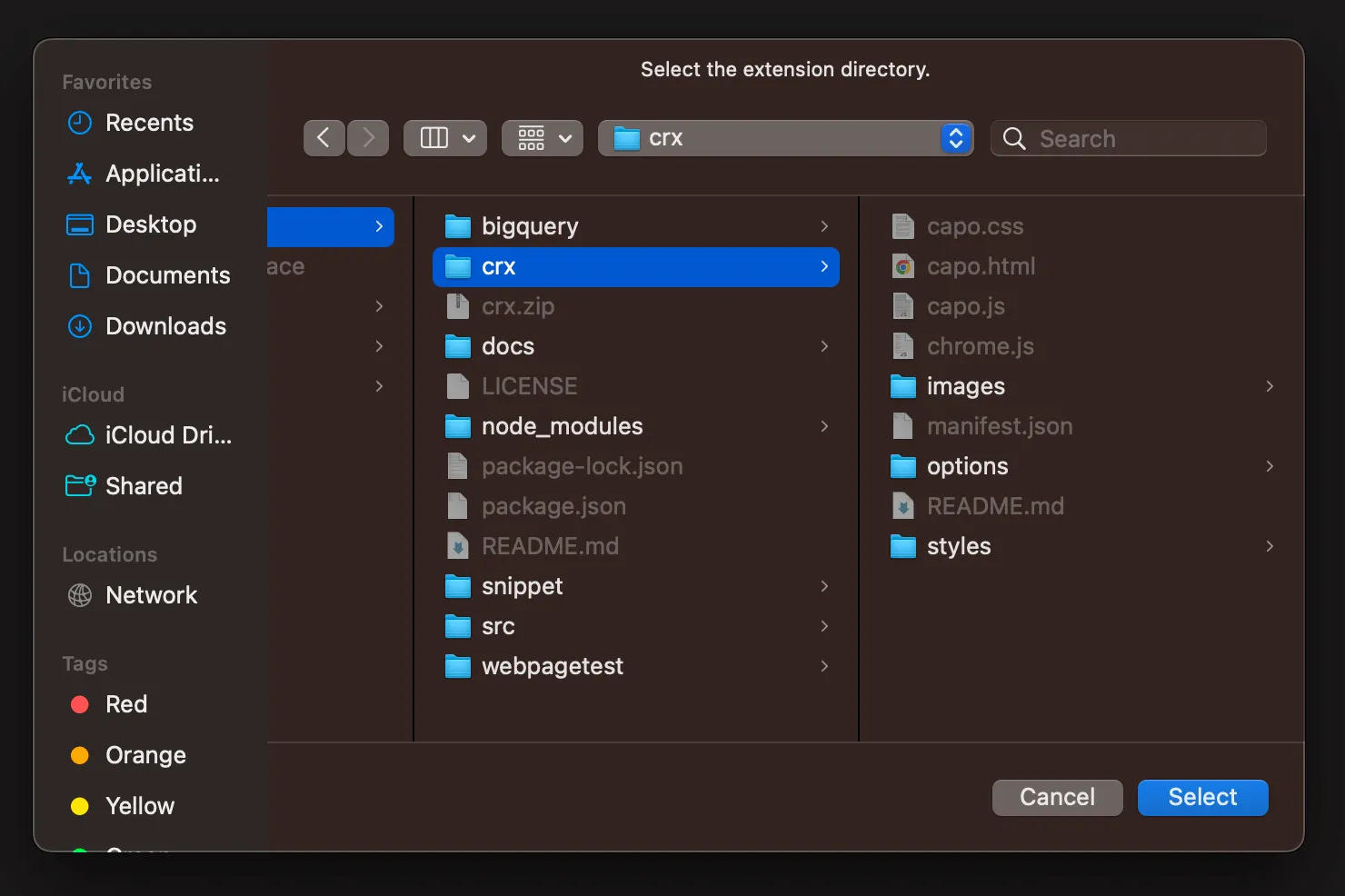 Select the crx directory to load the unpacked extension