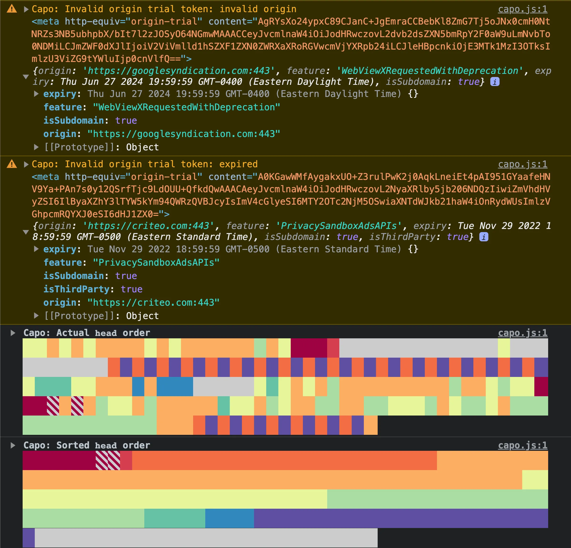 Validation warnings that "Invalid origin trial token: invalid origin and expired."